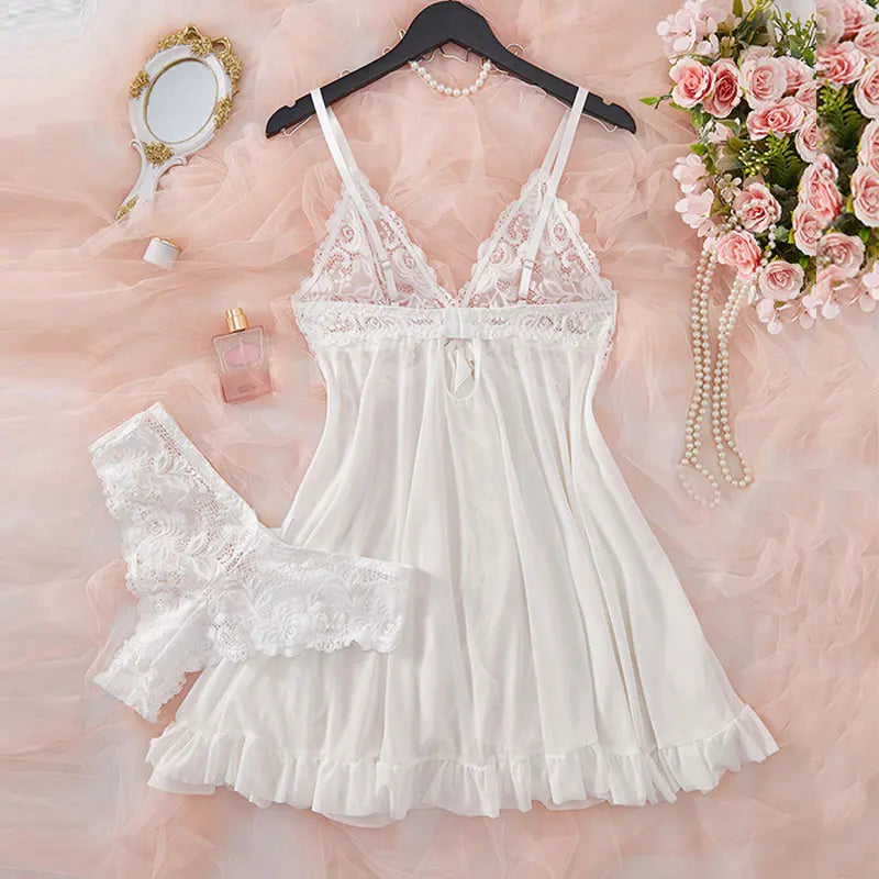 Ultra-thin Nightgown Lace Thong Sets Women's Sexy Pyjamas Lingerie