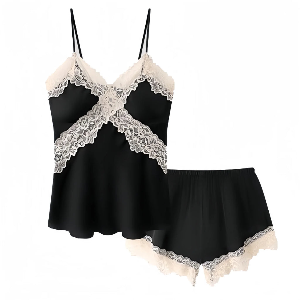 V Neck Spaghetti Strap Two Piece Sexy Satin Lace Trim Cami Top Shorts Lingerie