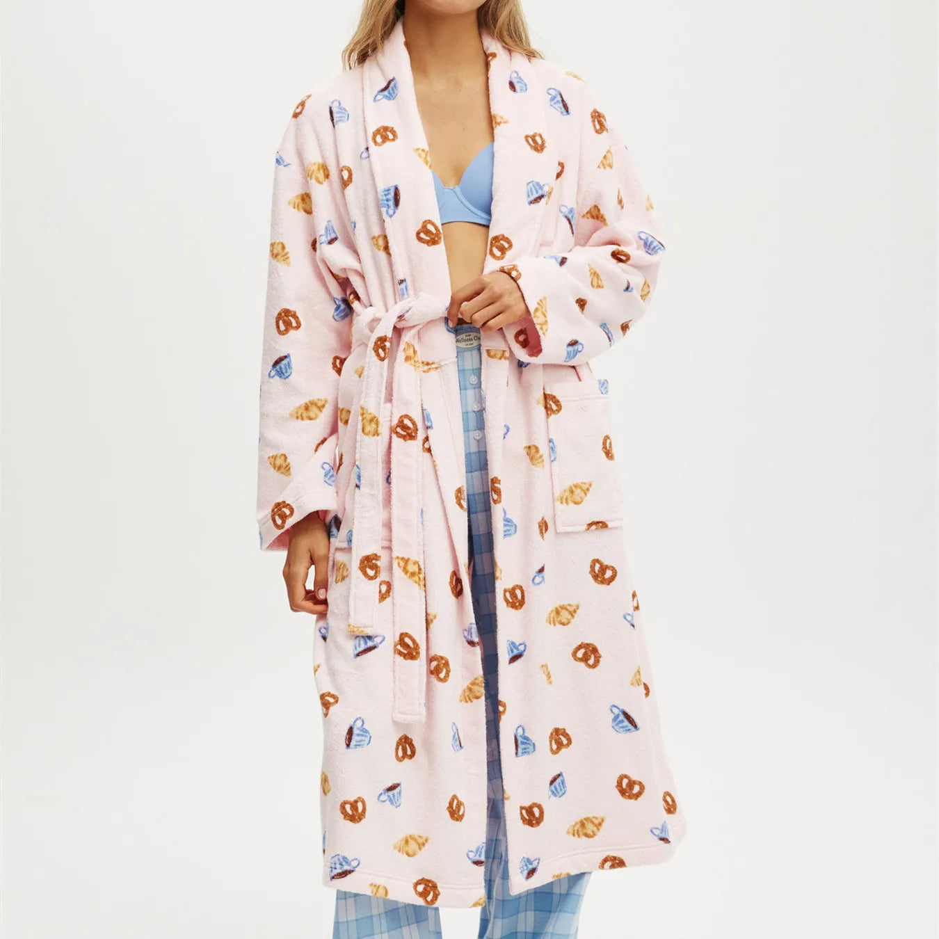 Terry Cloth Bathrobe with Pocket Long Sleeve Knee Length Shawl  Lounge Robes