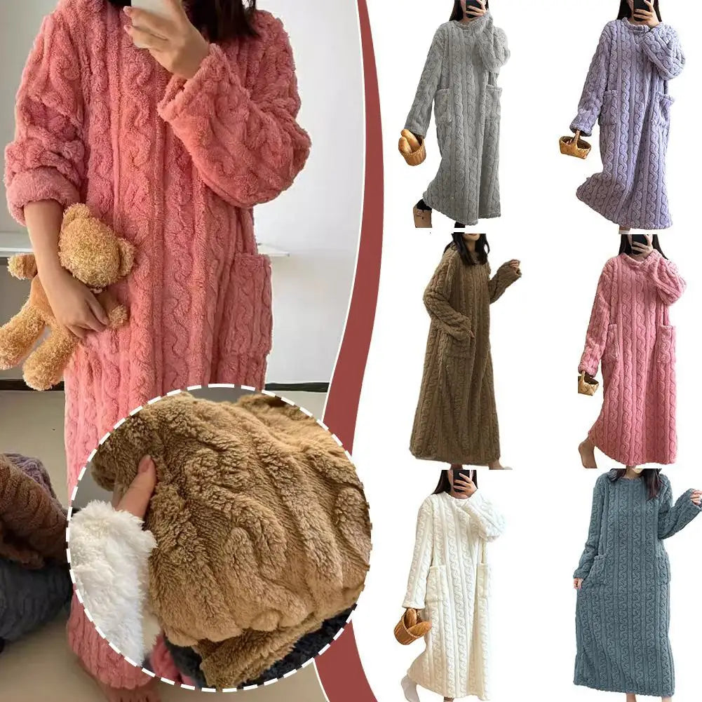 Velvet Women's Long Sleeve Double Pocket Flannel Loose Solid Sleepwear