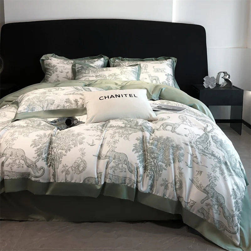Soft Silky Skin-friendly Natural Eucalyptus Fiber Lyocell Bedding Set Forest Plants Leopard Duvet Cover Set Bed Sheet Pillowcases