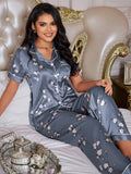 Elegant Floral Print Satin Pajama Set with Contrast Trim