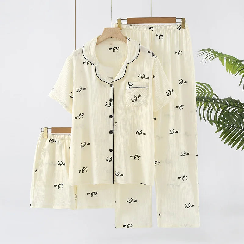Pure Cotton Three-piece Thin Crepe Fabric Collar Short Sleeved Pants Shorts Set
