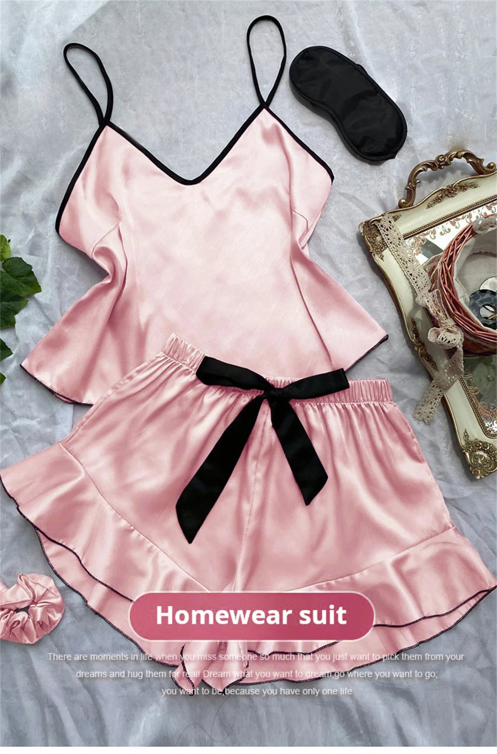Smooth Satin Pajamas V-Neck T-Shirt Ruffled Edges And Bow Shorts Pajama Set