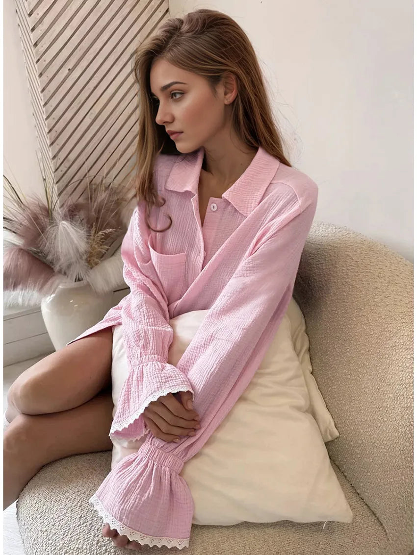 Pink Ruffle Long Sleeve Shirt Cotton And Shorts Sleepwear 2 Piece Set