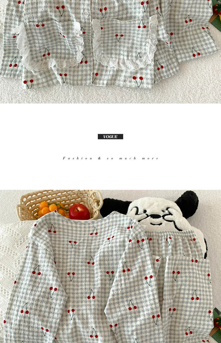 Spring Cloud-Print Cotton-Trimmed Collar Checked Sets