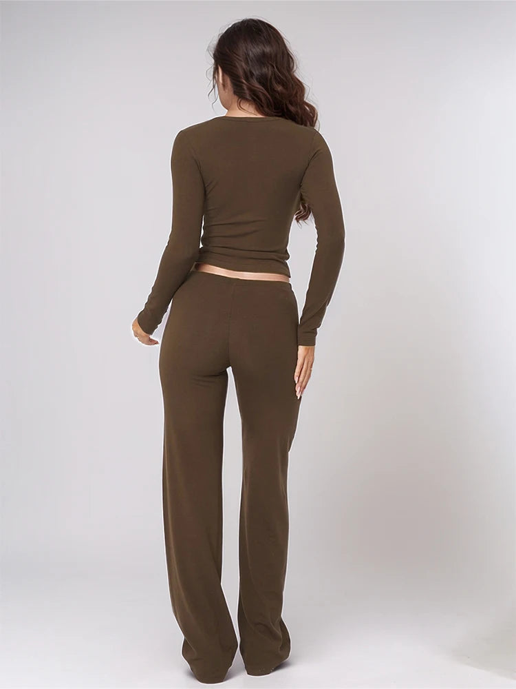 Women's Coffee Two-Piece Pajamas Set Long Sleeve Pullover Comfortable Shirt Drawstring Waist Cinching Pants Loungewear