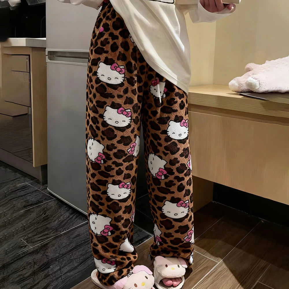 Y2K Leopard Print Pajamas Pants Anime Hello Kitty Sleepwear Trousers