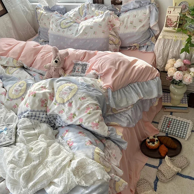 Princess Style Floral Ruffles Bedding Set Skin-friendly Soft Duvet Cover Set Bed Sheet Or Bed Skirt Pillowcases