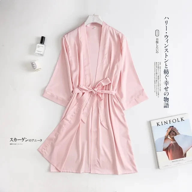 Ladies Bride- style Morning 3/4 Sleeve Loose Female Silk Satin Kimono Lingerie Gown