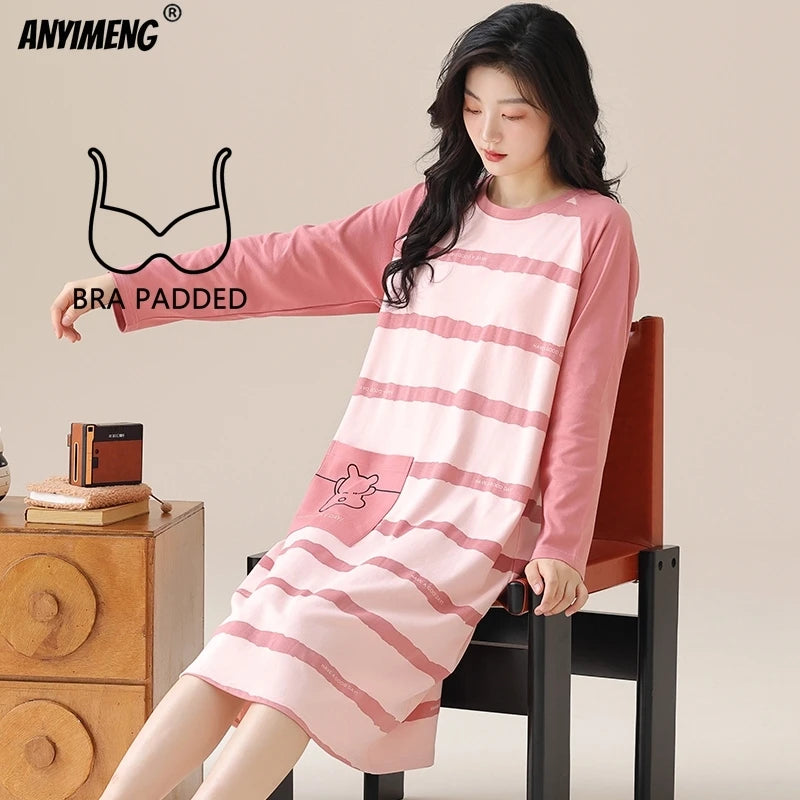 Women Long Nightgowns Pullover Loose Bra Padded Cotton Sleepshirt