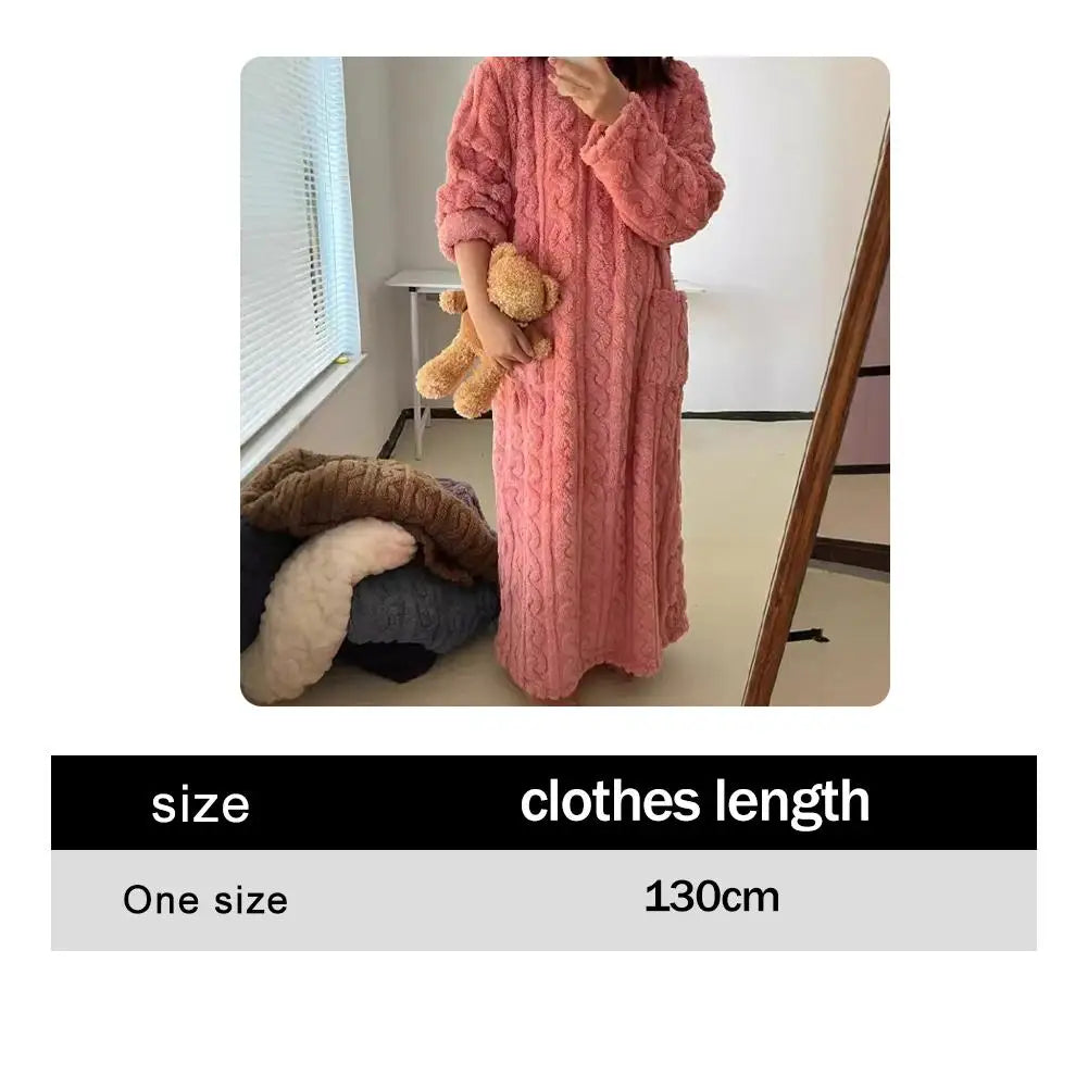 Velvet Women's Long Sleeve Double Pocket Flannel Loose Solid Sleepwear