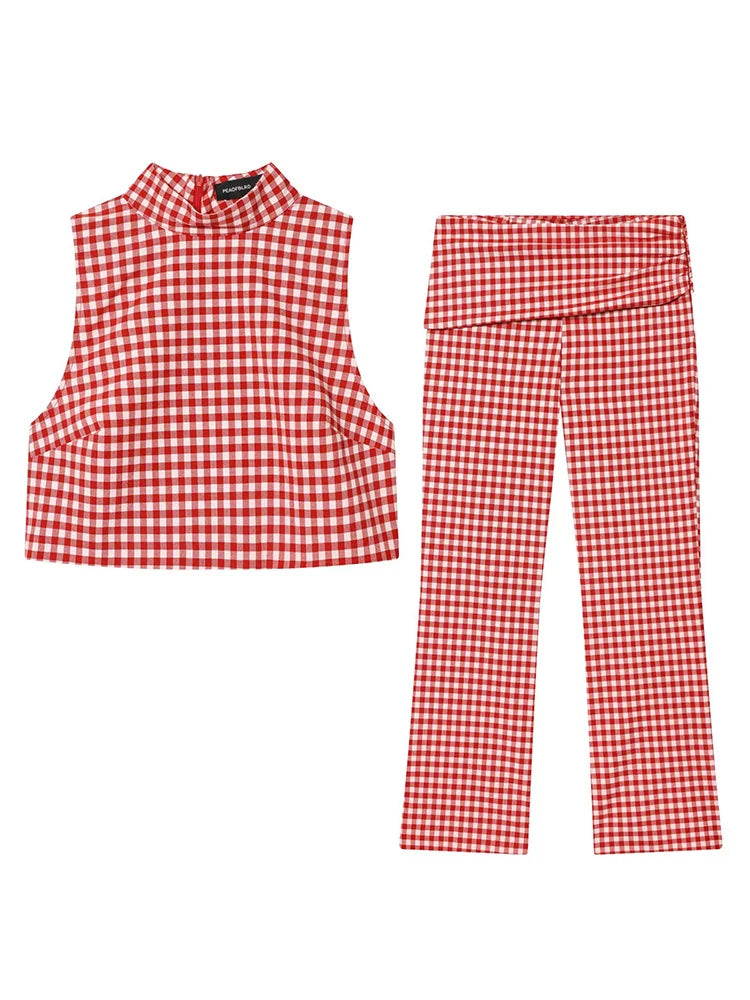 Vintage Red White Plaid 2-Piece Set Collar Zipper Sleeveless Vest+Side Slim Pant
