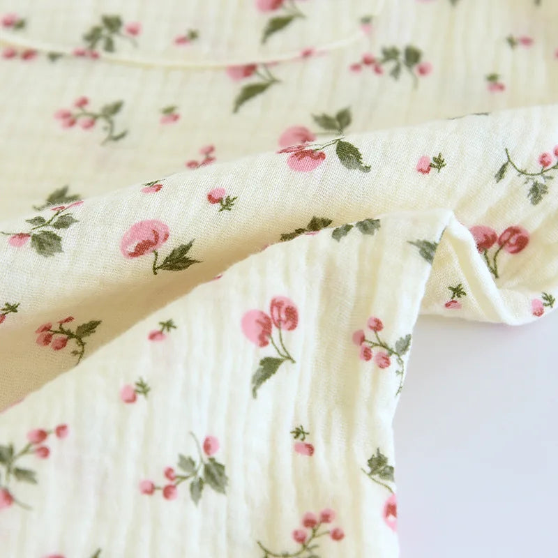 Ladies 100% Cotton Crepe Long sleeved Pants Two-piece Cute and Sweet Set