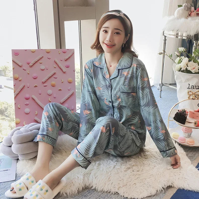 V-Neck Button Down Top and Trousers Sleepwear Homewear