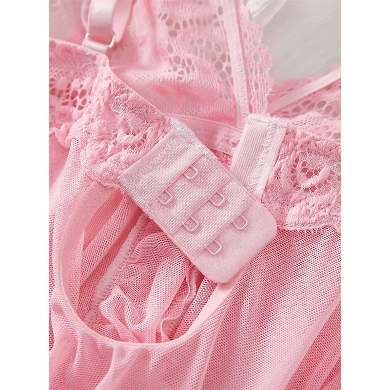 Ultra-thin Nightgown Lace Thong Sets Women's Sexy Pyjamas Lingerie
