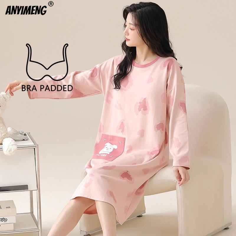 Women Long Nightgowns Pullover Loose Bra Padded Cotton Sleepshirt