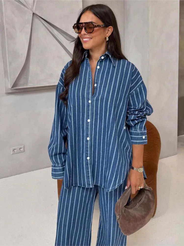 Stripe Blue Loose Long Sleeve Shirt Trousers Two Piece Set Lounge Outfit
