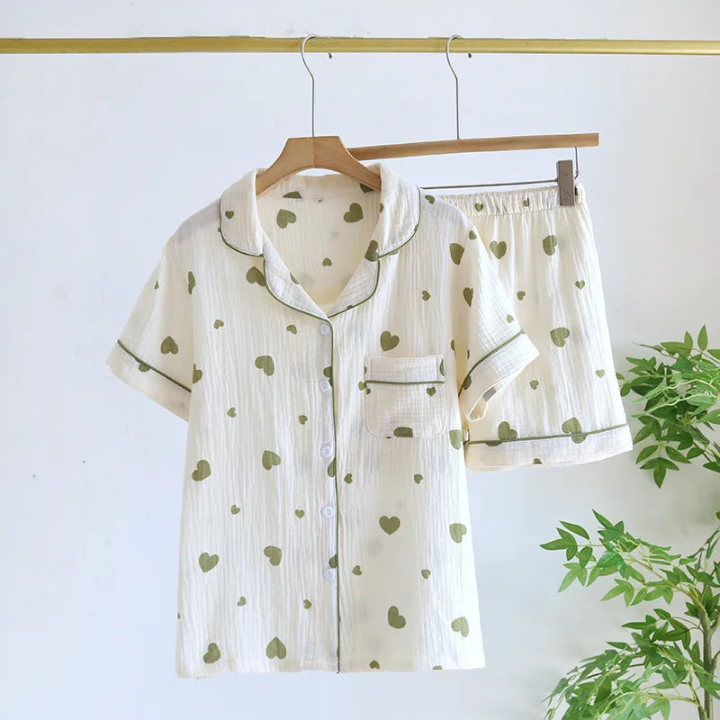 Japanese Short-sleeved Shorts Two-piece Ladies Cotton Crepe Cute Fresh Loose Set