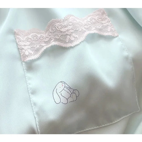 Bear Print Silk Short Sleeve Pants Loungewear Cardigan Lace Two-Piece Set