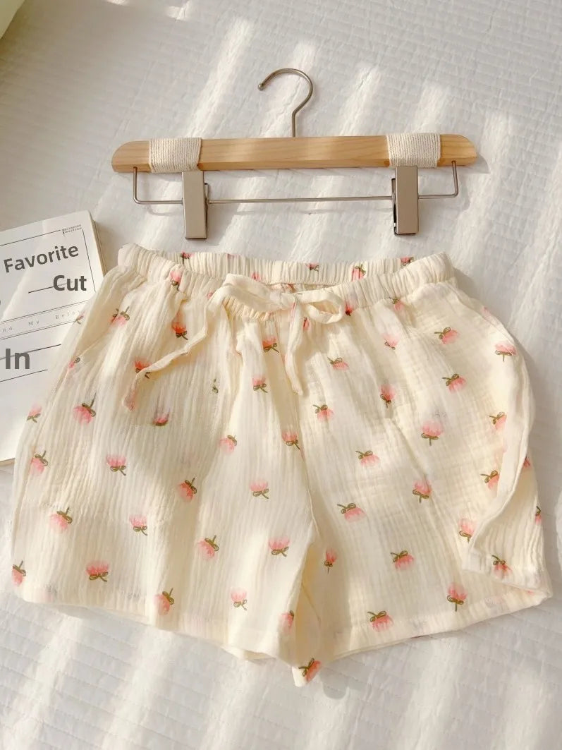 Thin Pure Cotton Bubble Cotton Gauze Sweet Loose High Waist Full Cotton Shorts