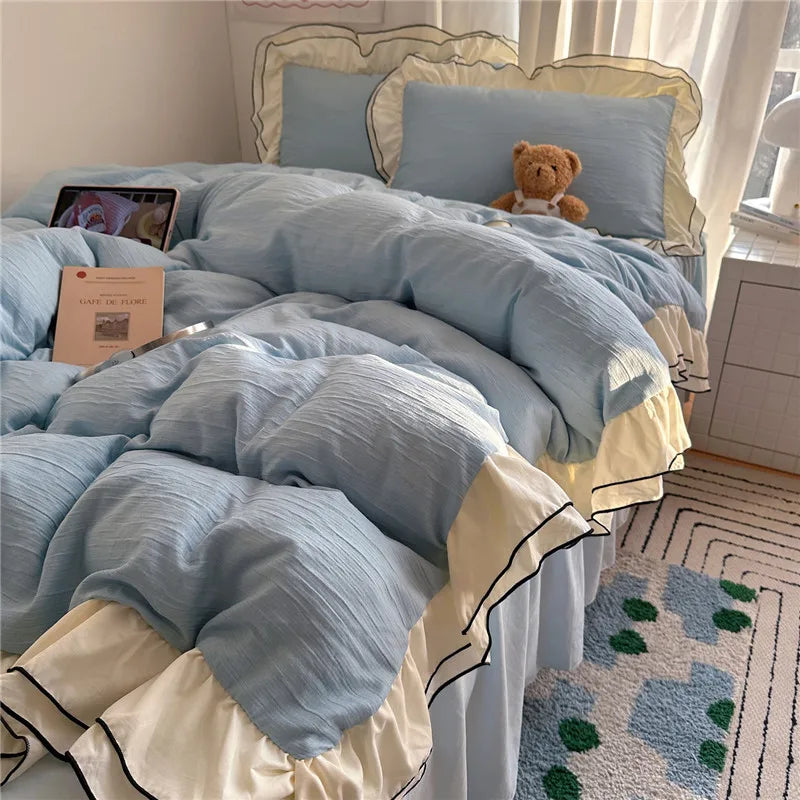 Princess Style Ruffles Bedding Set Skin-friendly Soft Duvet Cover Set Bed Sheet Or Bed Skirt Pillowcases 3/4Pcs