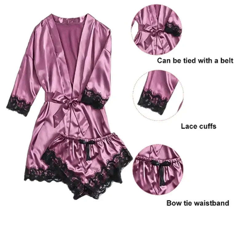 Sexy Four Piece Lace Satin With Silk Sleepwear Robe Fashion And Comfortable Nightwear