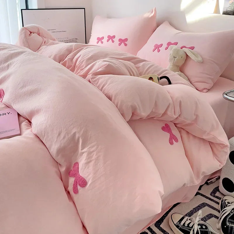 3D Embroidered Bow Quilt Set Cotton Pink Comfortable Soft Bedding