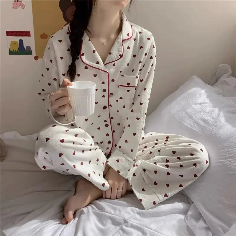 Peach Heart Long Sleeves Silk Pajamas