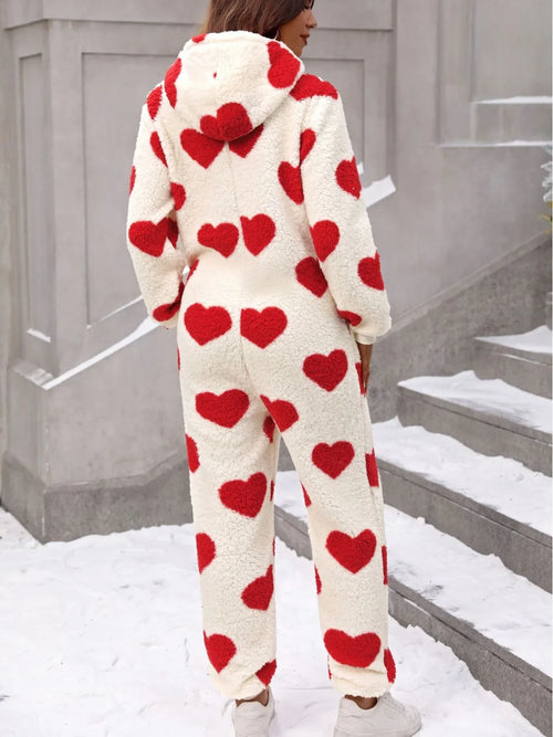 Cute Heart Print Long Sleeve Plush Sleep Jumpsuit