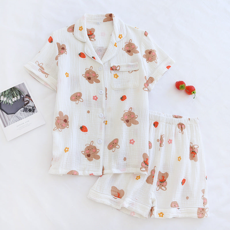 Japanese Short-sleeved Shorts Two-piece Ladies Cotton Crepe Cute Fresh Loose Set