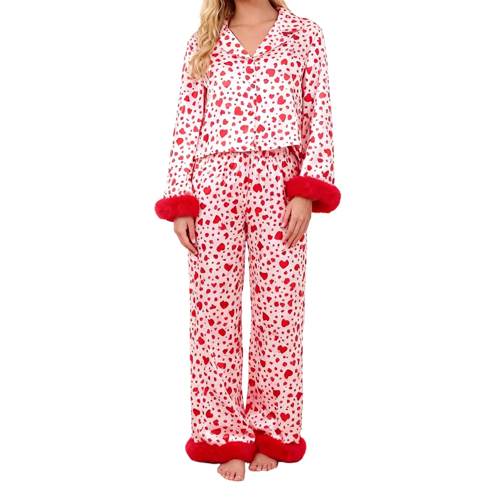 Heart Print Long Sleeve Button Up Top and Pants Lounge Wear Two-piece Set