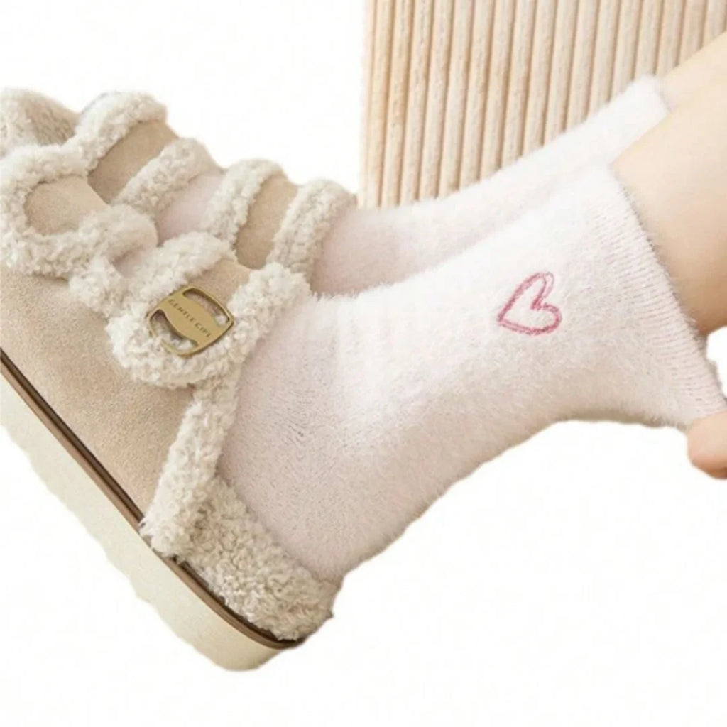 Thick Warm Fuzzy Double Heart Girls Mid-Calf Socks