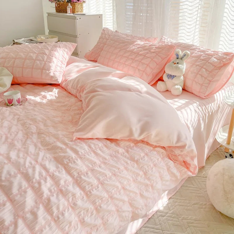Puffy Check Bubble Fabric Set Duvet Pillowcase Bedding Sheet Quilt Cover Set