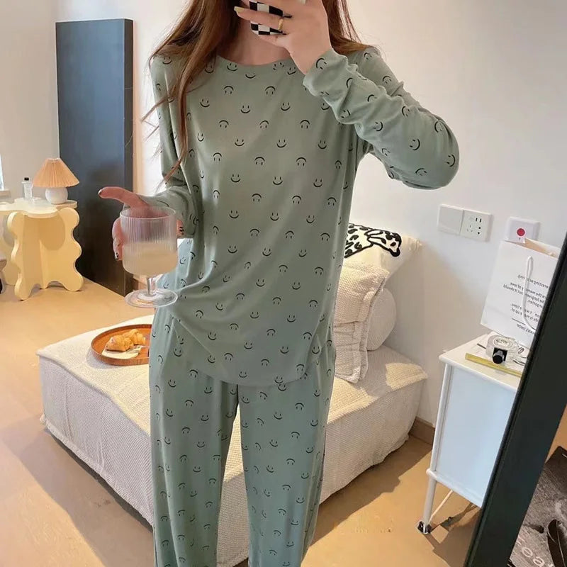Smiley Two-piece Long-Sleeved Long Pants Soft Skin-Friendly Sleep Pajamas