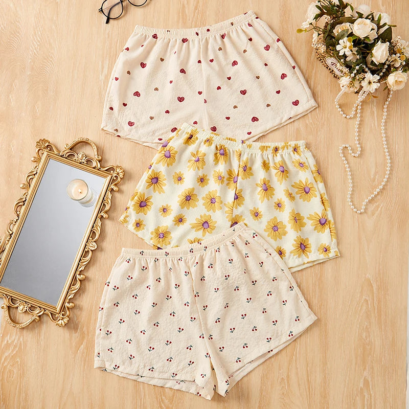 3 Piece Graphic Shorts Soft Comfort Bottoms Casual Sleepwear Loungewear