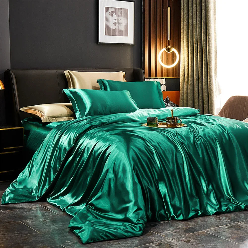 Luxury Silk Bedding Set with Duvet Cover Bed Sheet Pillowcases Satin
