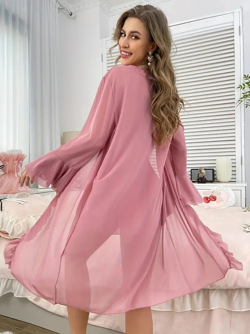 Sexy Lingerie with Suspenders Sheer Transparent Nightgown and Lace Trim