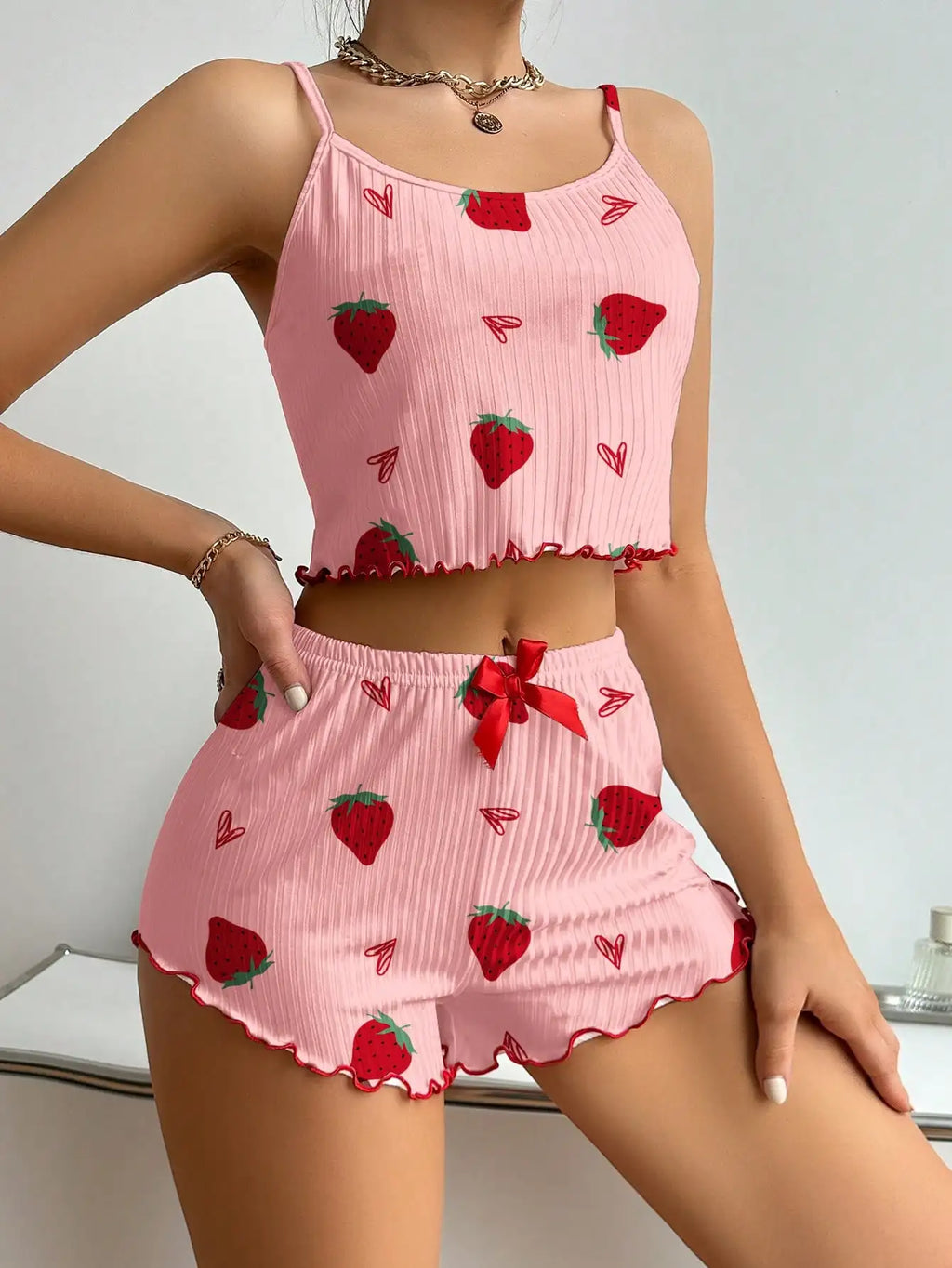 Strawberry Print Ribbed Knit Ice Silk Camisole Pajama Set