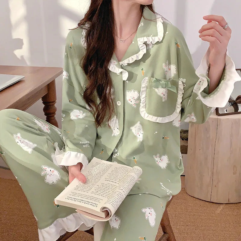 Women's Cardigan Long-sleeved Long Pants Cotton Comfortable Pajamas