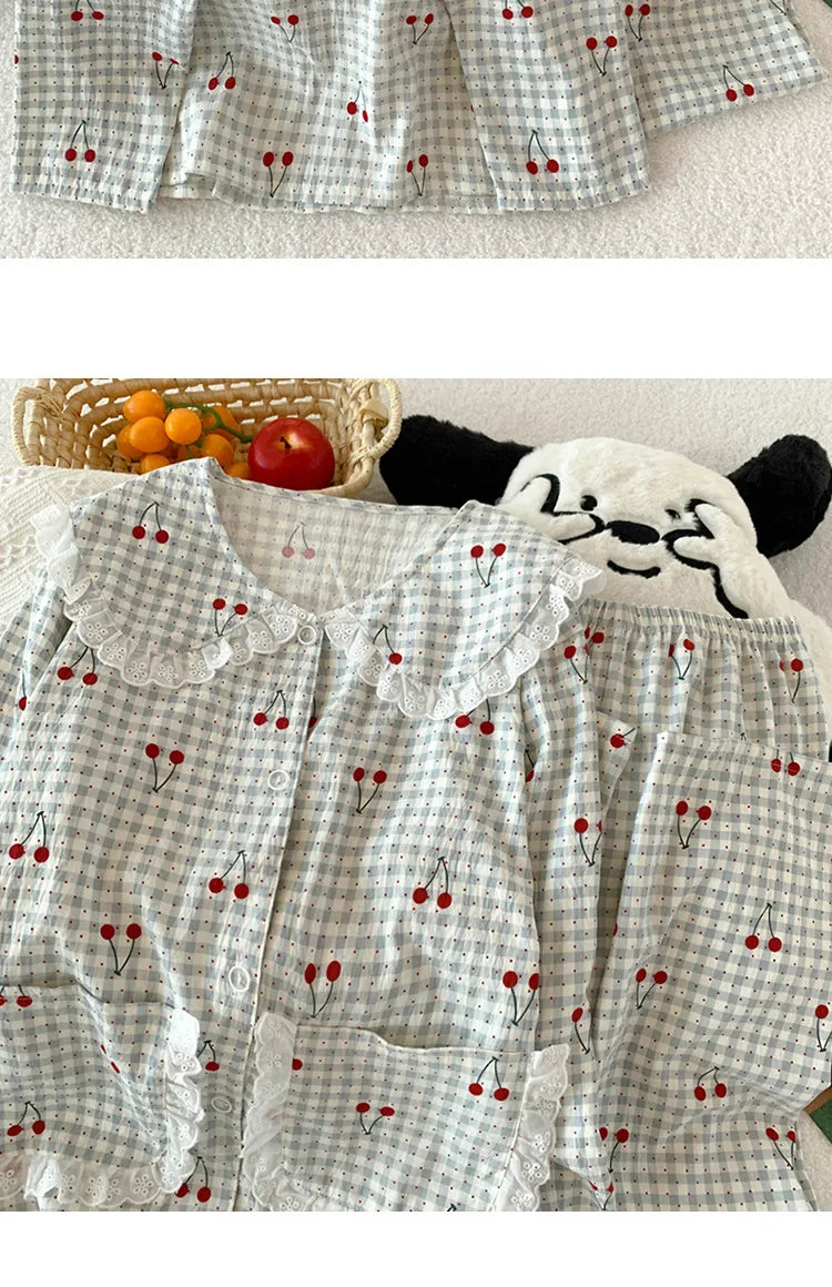 Spring Cloud-Print Cotton-Trimmed Collar Checked Sets