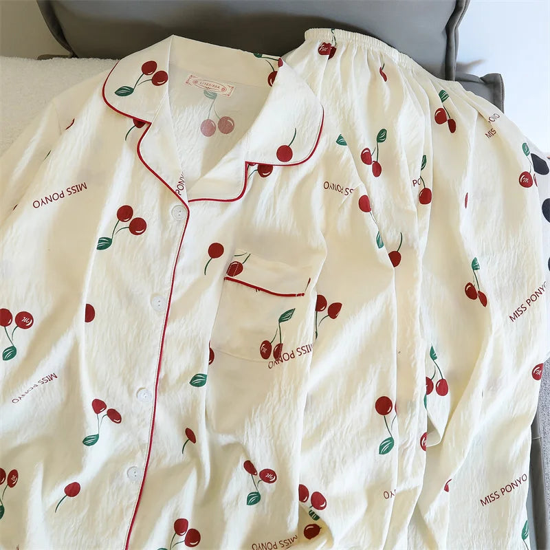 Cherries Print Two Pieces Cotton Pants and Top Set