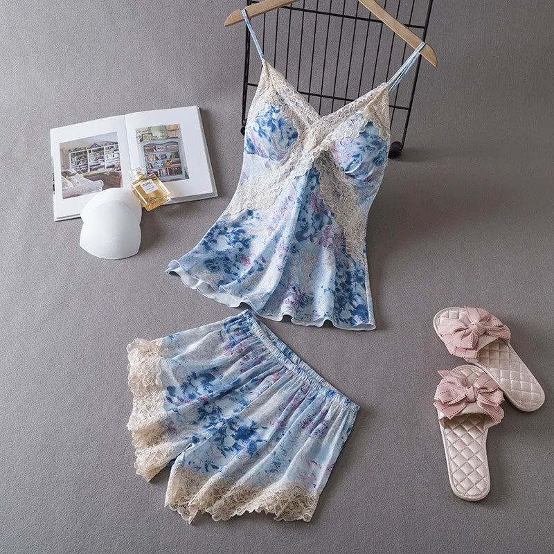 Silk Lace Sexy V-Neck 2 Pcs Set With Chest Pad Nightwear