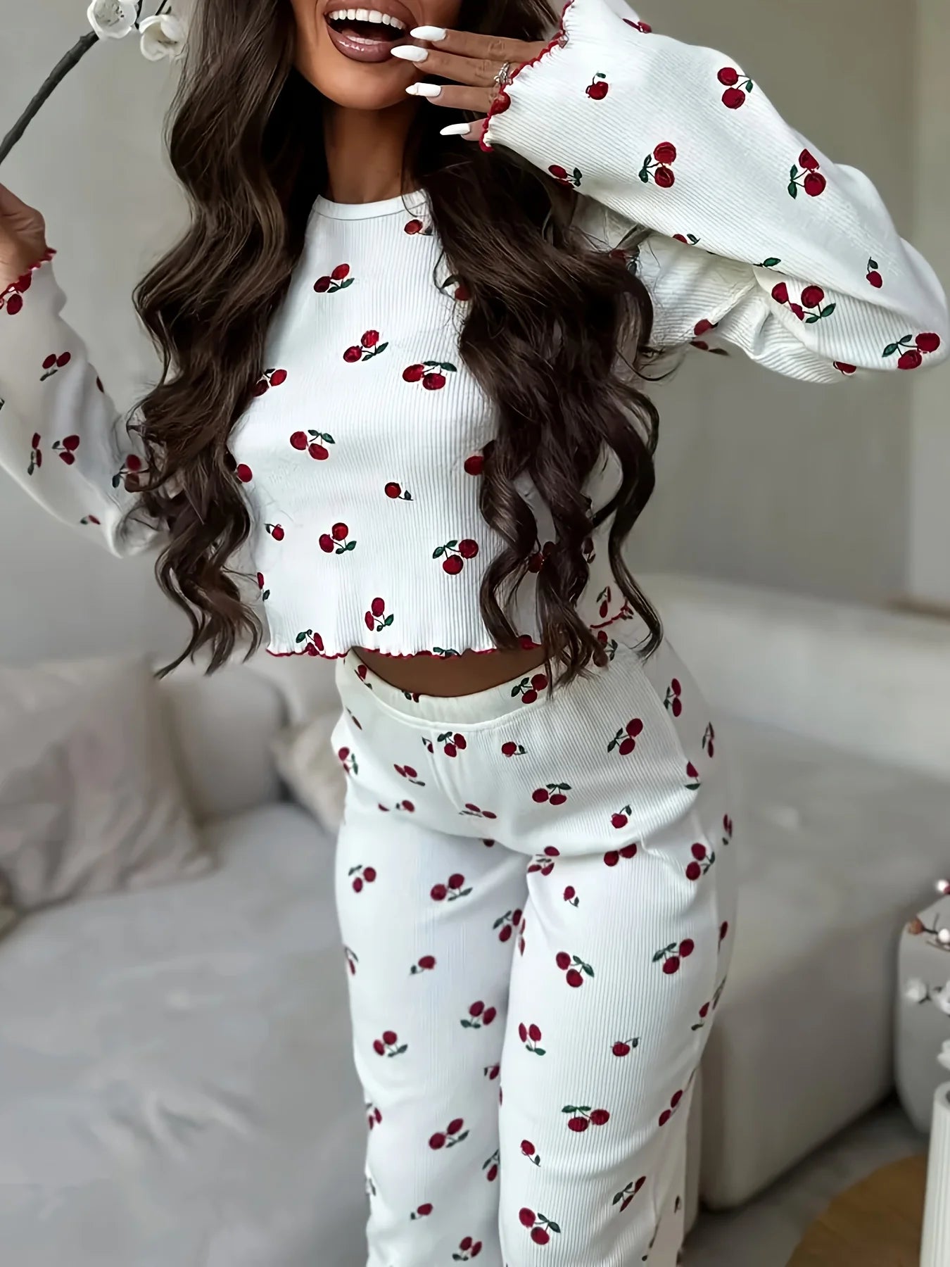 Y2K-Style Two-piece Cherry/Heart Print Cuffed-Long-Sleeve Tops and Long Trousers
