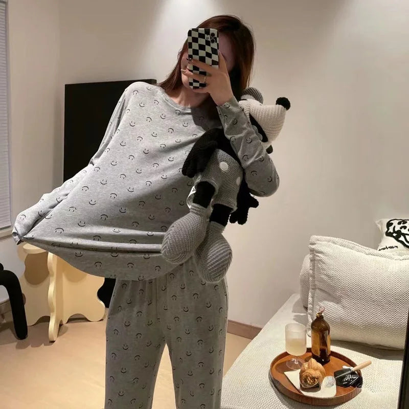 Smiley Two-piece Long-Sleeved Long Pants Soft Skin-Friendly Sleep Pajamas
