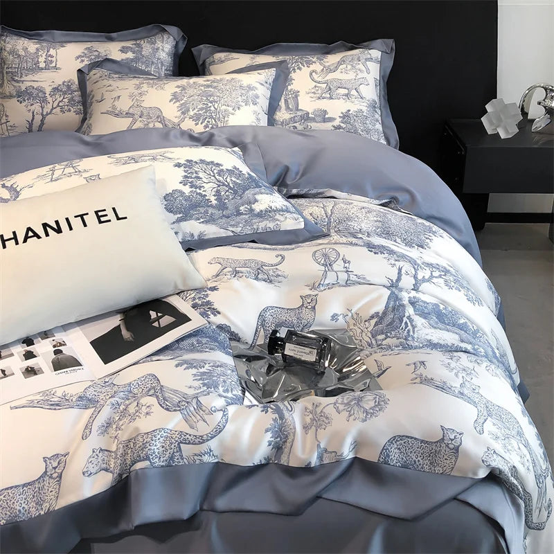 Soft Silky Skin-friendly Natural Eucalyptus Fiber Lyocell Bedding Set Forest Plants Leopard Duvet Cover Set Bed Sheet Pillowcases