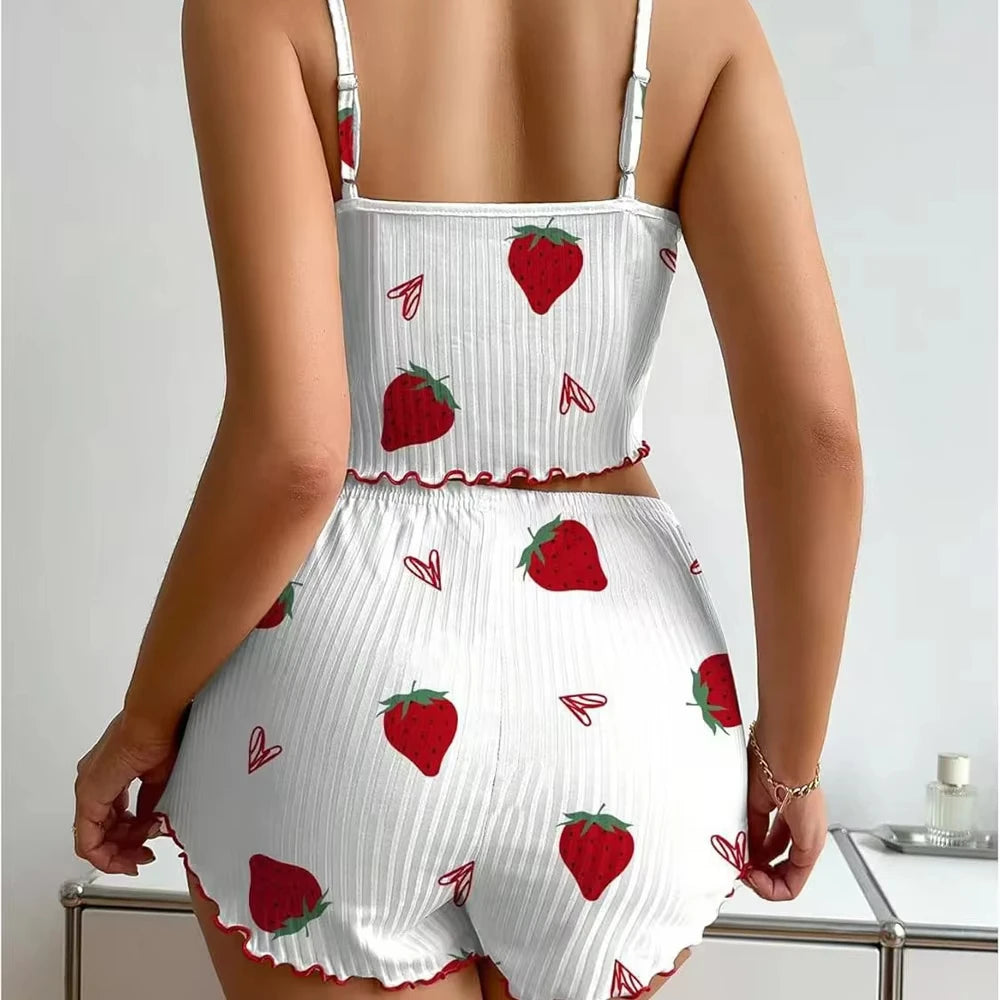Strawberry Print Ribbed Two-Piece Knit Camisole Pajama Set