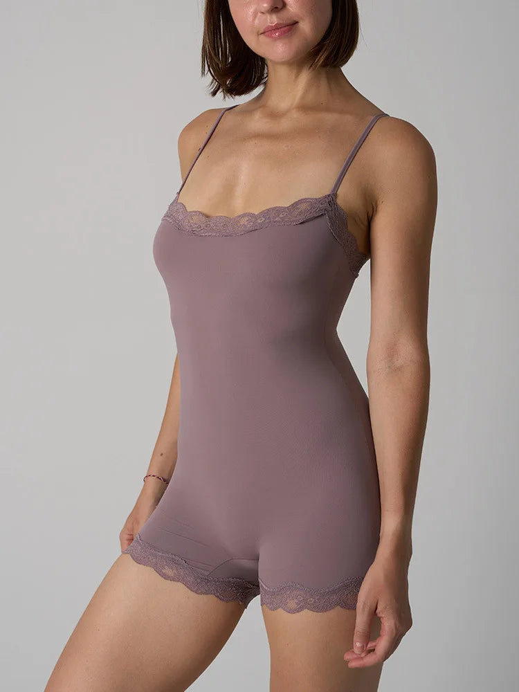 Sexy Lace Patchwork Camisole Square Neck Spaghetti Strap Onesie