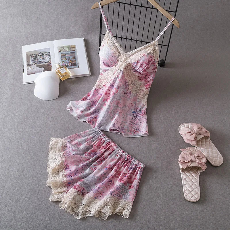 Silk Lace Sexy V-Neck 2 Pcs Set With Chest Pad Nightwear