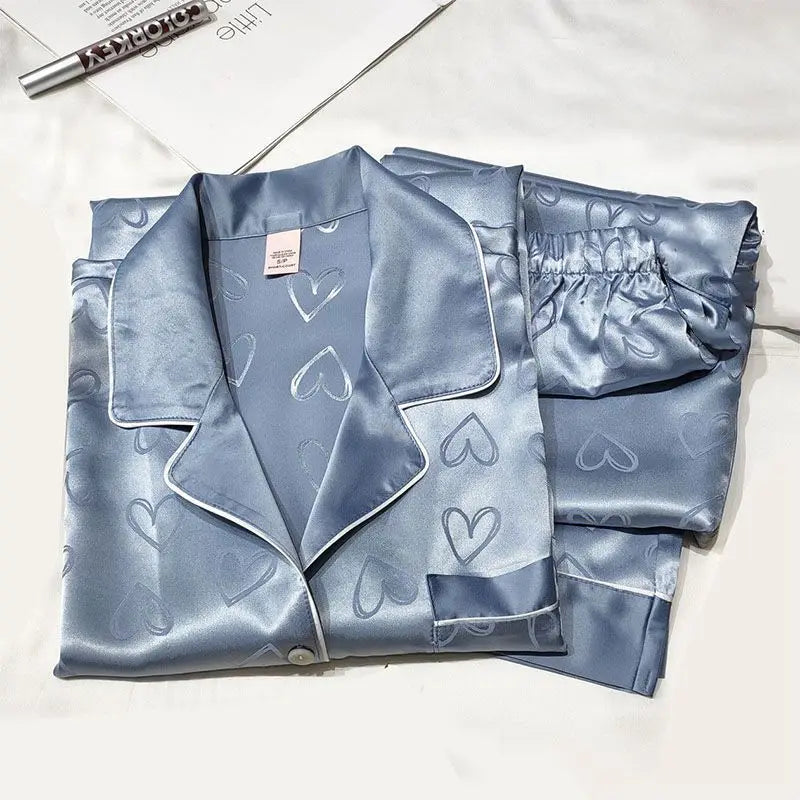 Sweet Ice Silk Pajamas Women's Long Sleeve Lace Two Piece Sleepwear Loungewear